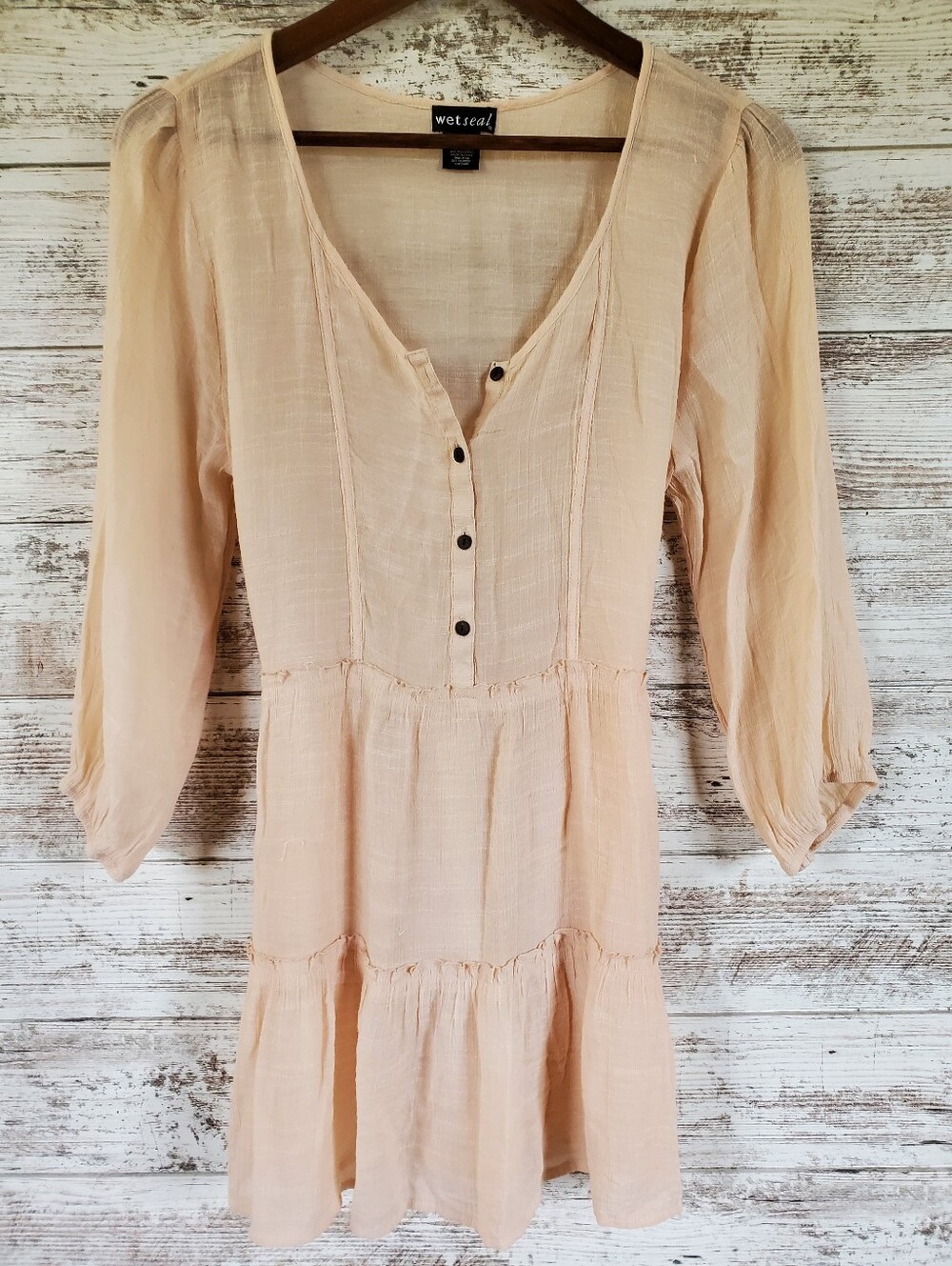Wet Seal Peach Cotton Gauze Tiered Mini Dress Boho Babydoll Button Front